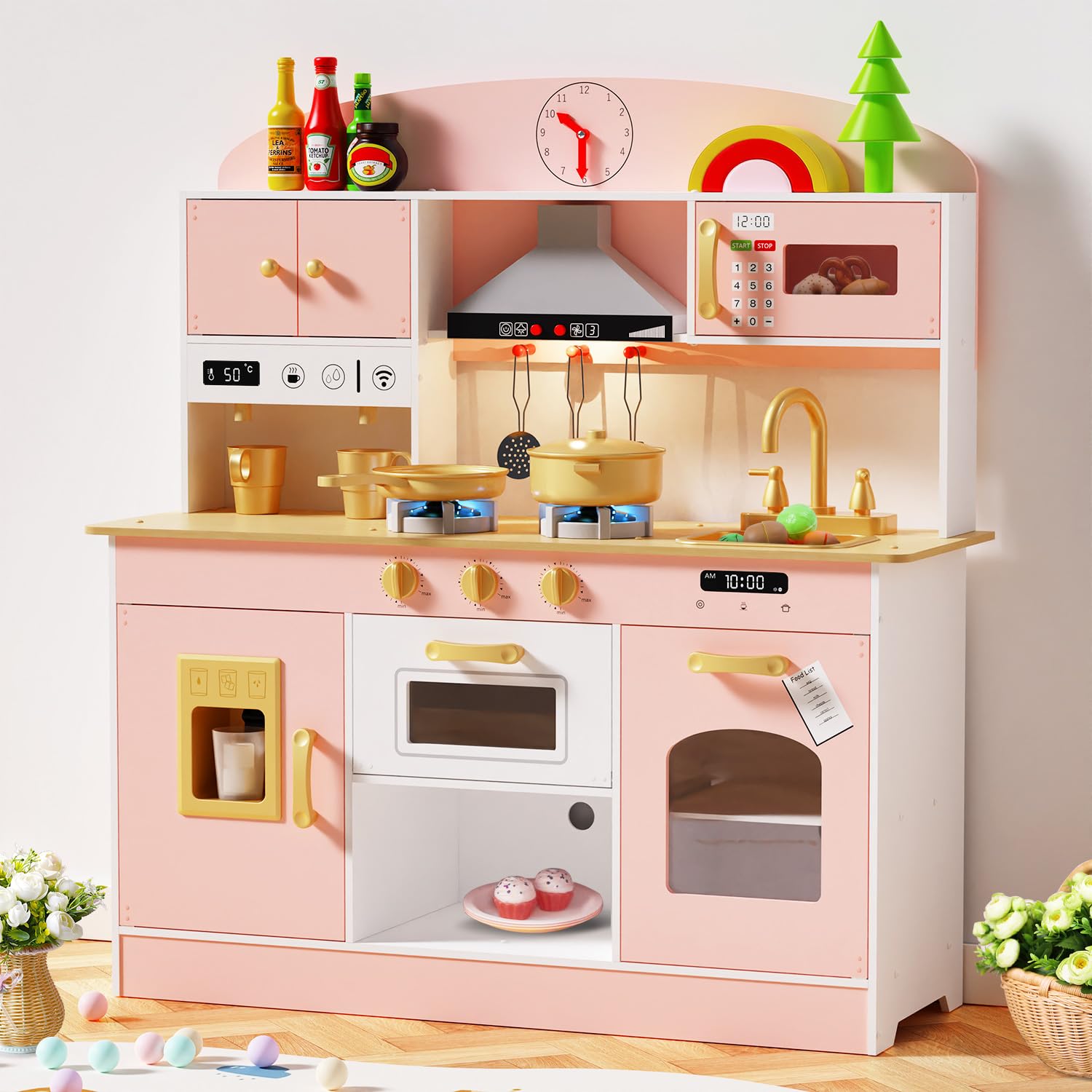 Photo 1 of ***FINAL SALE, VIEW NOTES*** Babytronic Wooden Play Kitchen Set, Pretend Play Kitchen with Lights and Sounds for Kids Ages 3+, Includes Stove, Oven, Microwave, Coffee Maker, and Accessories, Toy Kitchen Set for Toddlers (Pink)