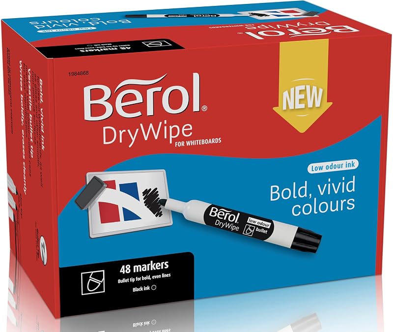 Berol DryWipe Whiteboard Marker Pens Bullet Tip Black 48 Pack