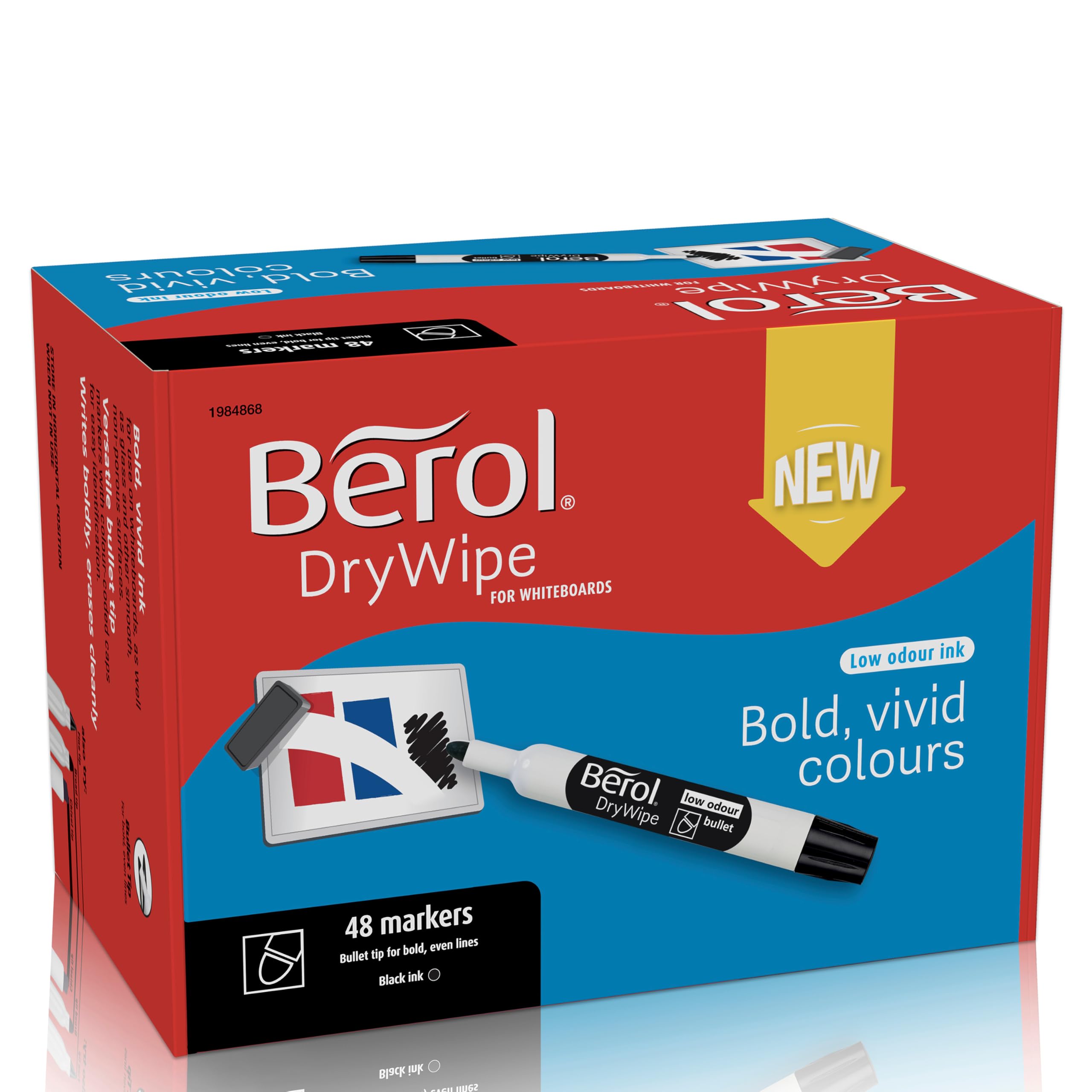 Berol DryWipe Whiteboard Marker Pens | Bullet Tip | Black Low-Odour Ink | 48 Dry Erase Markers