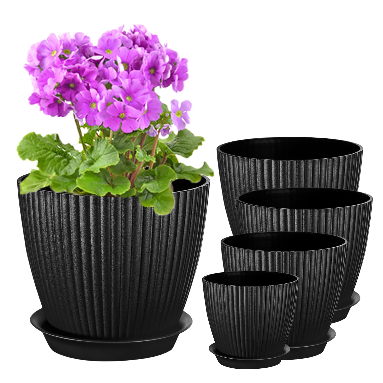 PROFIKLA 18/15/14/13/11.5cm Plastic Plant Pots, Pack of 5 Flower Pots, Plant Pots with Drainage Holes and Saucers, Modern Decorative Planters, Black