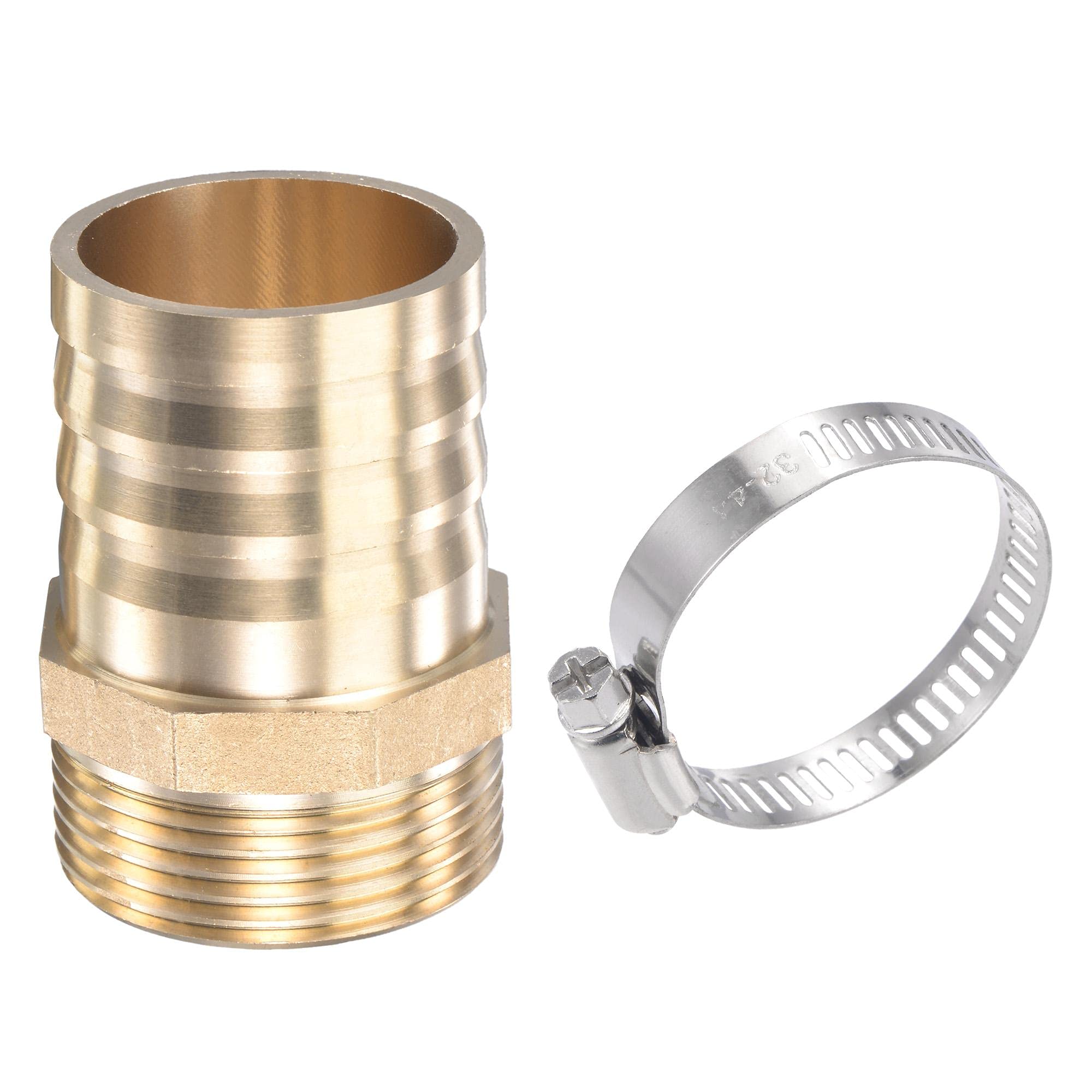 sourcing map Brass Hose Barb Fitting Straight 38mm x G1-1/4 Male Thread Pipe Connector with Stainless Steel Hose Clamp, Pack of 1