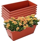 Window Box Planter,7 Pack Plastic Vegetable Flower Planters Boxes | 17 Inches Rectangular Flower Pots with Saucers for Indoor Outdoor Garden, Patio, Home Decor (Red)