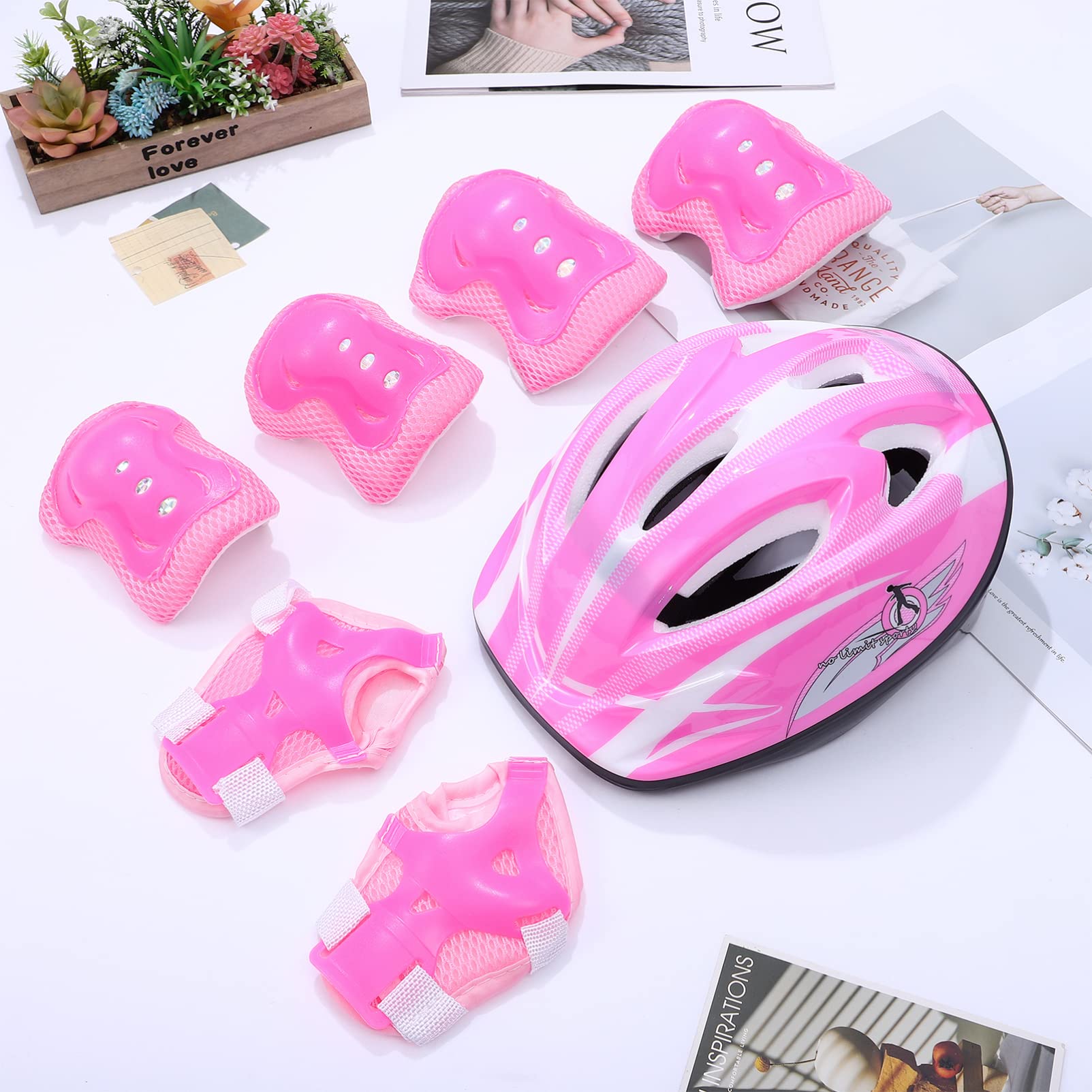 Kids Helmet with Sports Protective Gear Set: Toddler Knee Elbow Pads Wrist Guards Adjustable Helmet for Ages 3-8 Girls Cycling Skateboard Roller Skating Scooter (Pink)