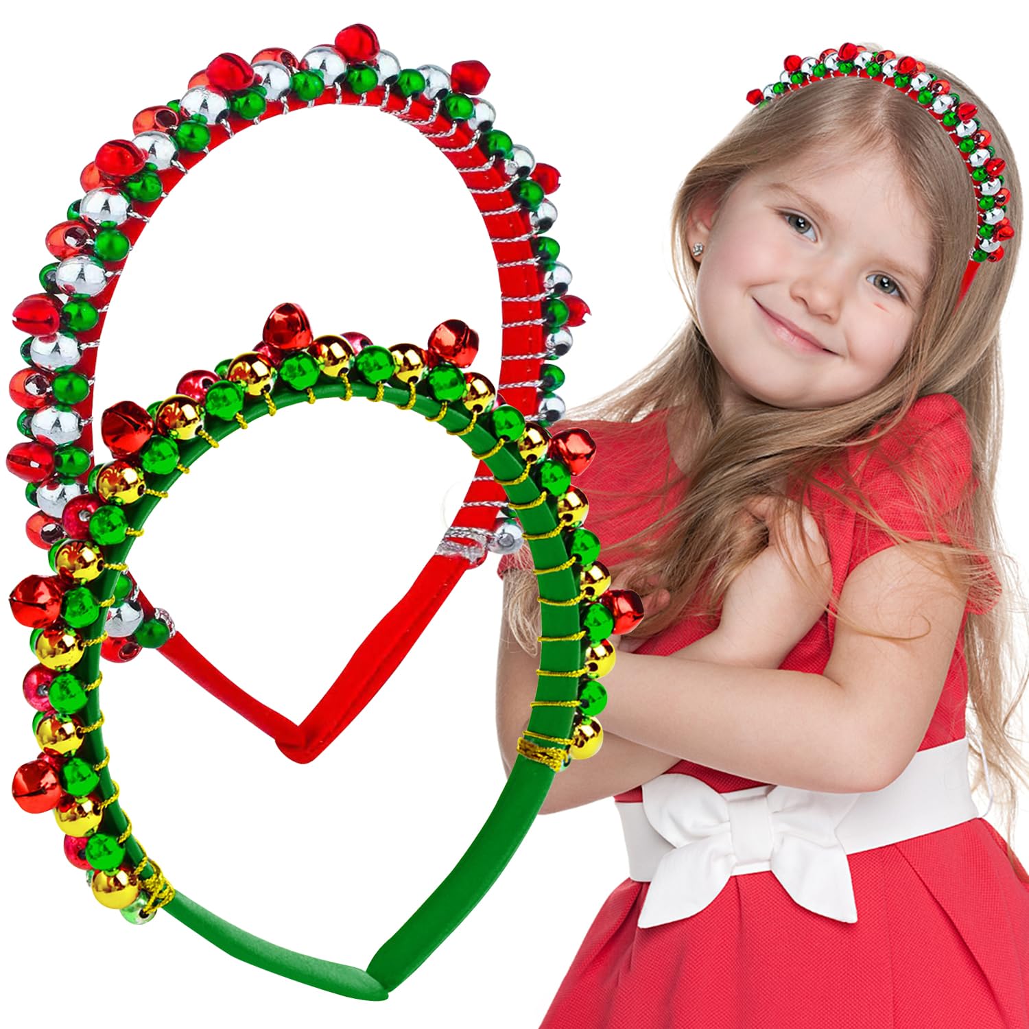 Jaczora 2Pcs Christmas Bell Hairband Red Green Silver Jingle Bells Headbands Holiday Party Favors for Cosplay Costume Hair Accessories