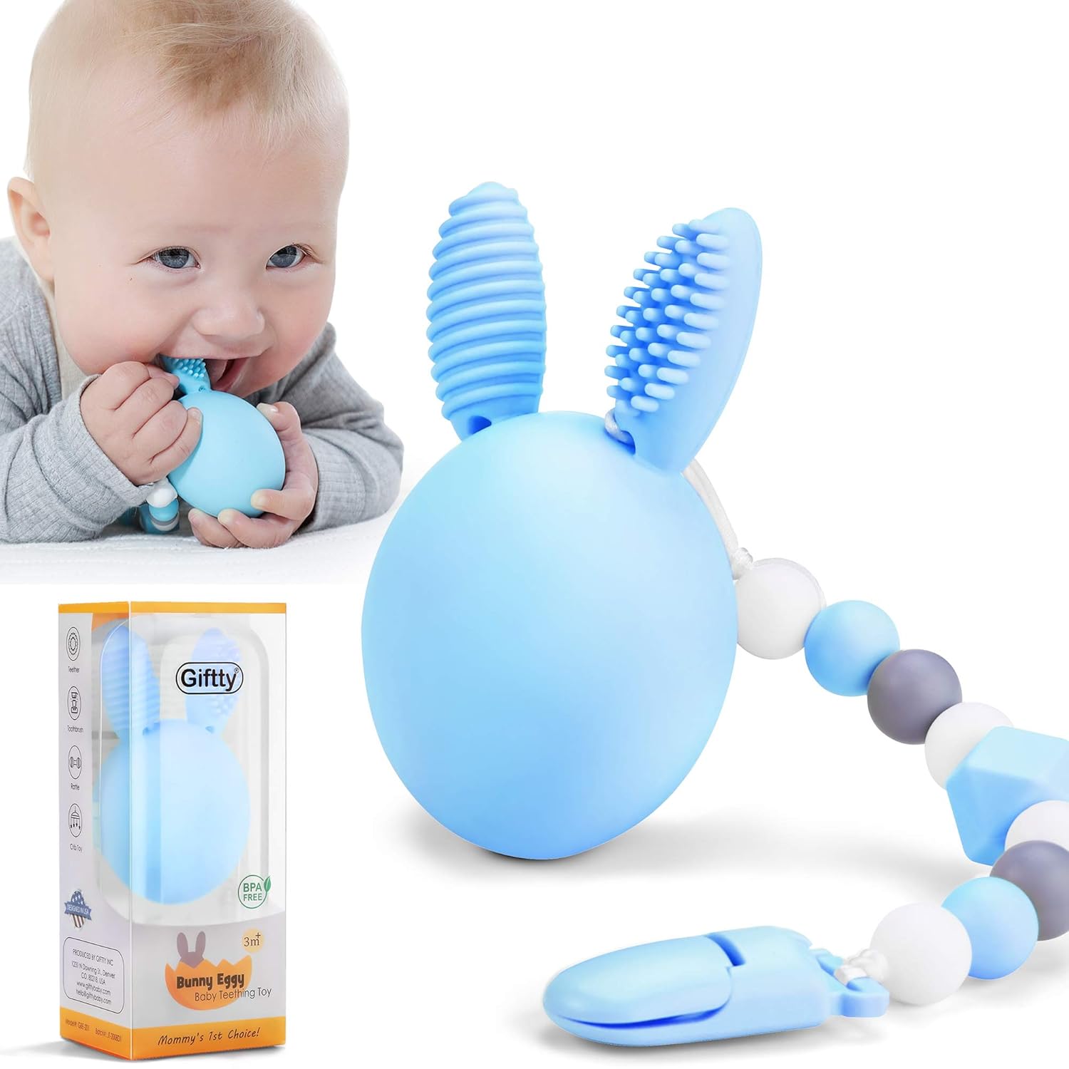 Bunny Eggy Teething Toy, Multifunction Teether Toothbrush Rattle Gum Massager Infants Sensory Toy with Silicone Bead Clip and Carry Box, 100% Safe Food-Grade Silicone for Baby Boys & Girls (Blue)