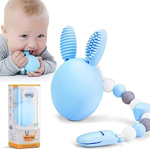 Bunny Eggy Teething Toy, Multifunction Teether Toothbrush Rattle Gum Massager Infants Sensory Toy with Silicone Bead Clip and Carry Box, 100% Safe Food-Grade Silicone for Baby Boys & Girls (Blue)