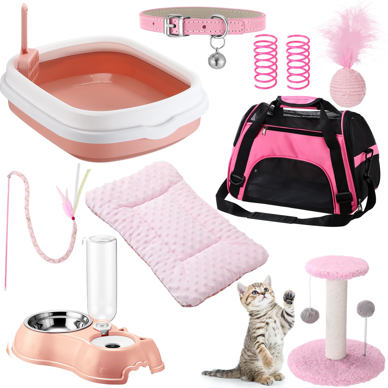 Photo 1 of Aliceset 10-in-1 Pink Kitten Cat Starter Kit Essentials for Indoor Kittens Including Pink Cute Litter Box, Auto Feeder, Breathable Carrier, Toys & More Ideal for New Cat Owners