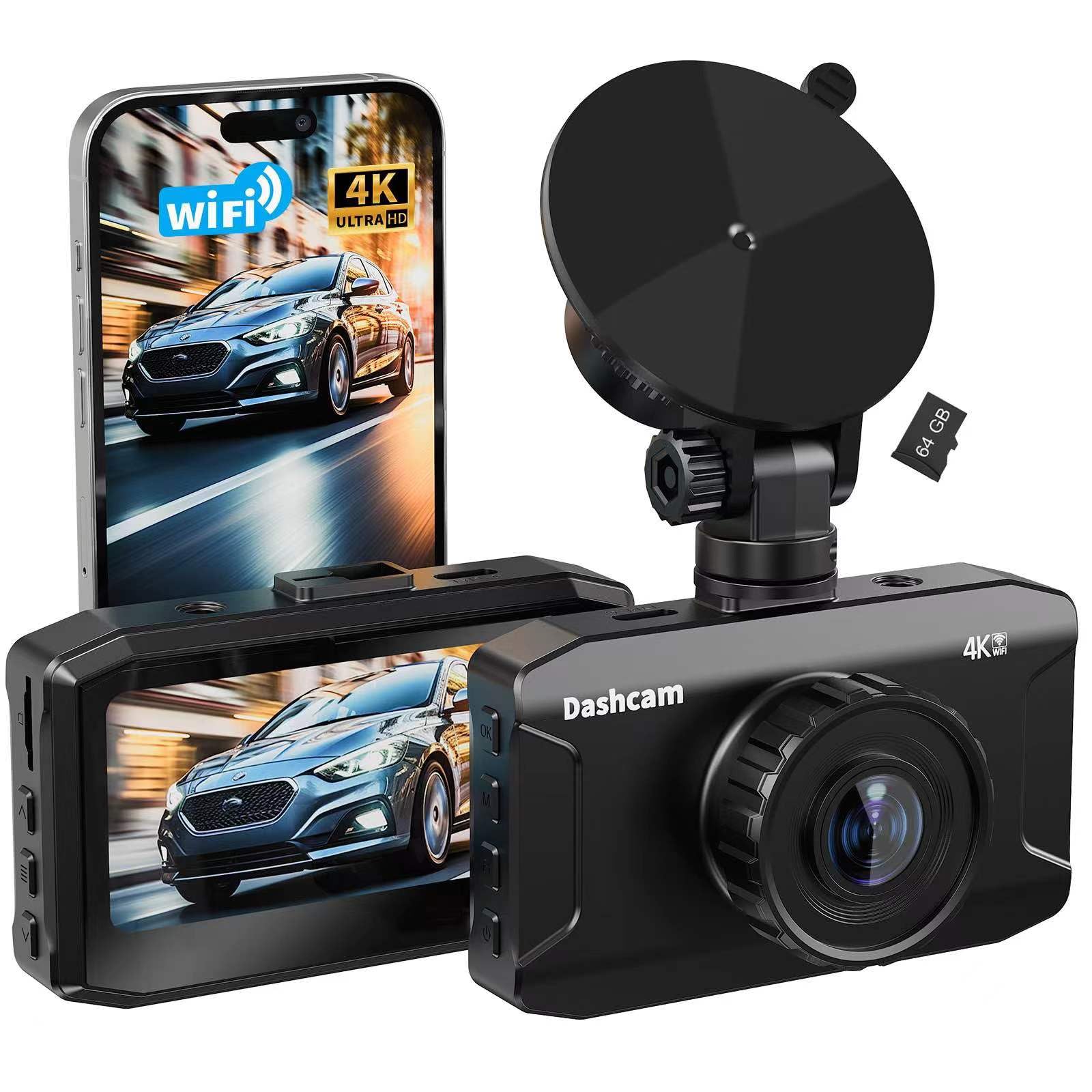 Front Dash Cam 4K, WiFi Dash Camera for Cars with 64GB SD Card, WANLIPO ...