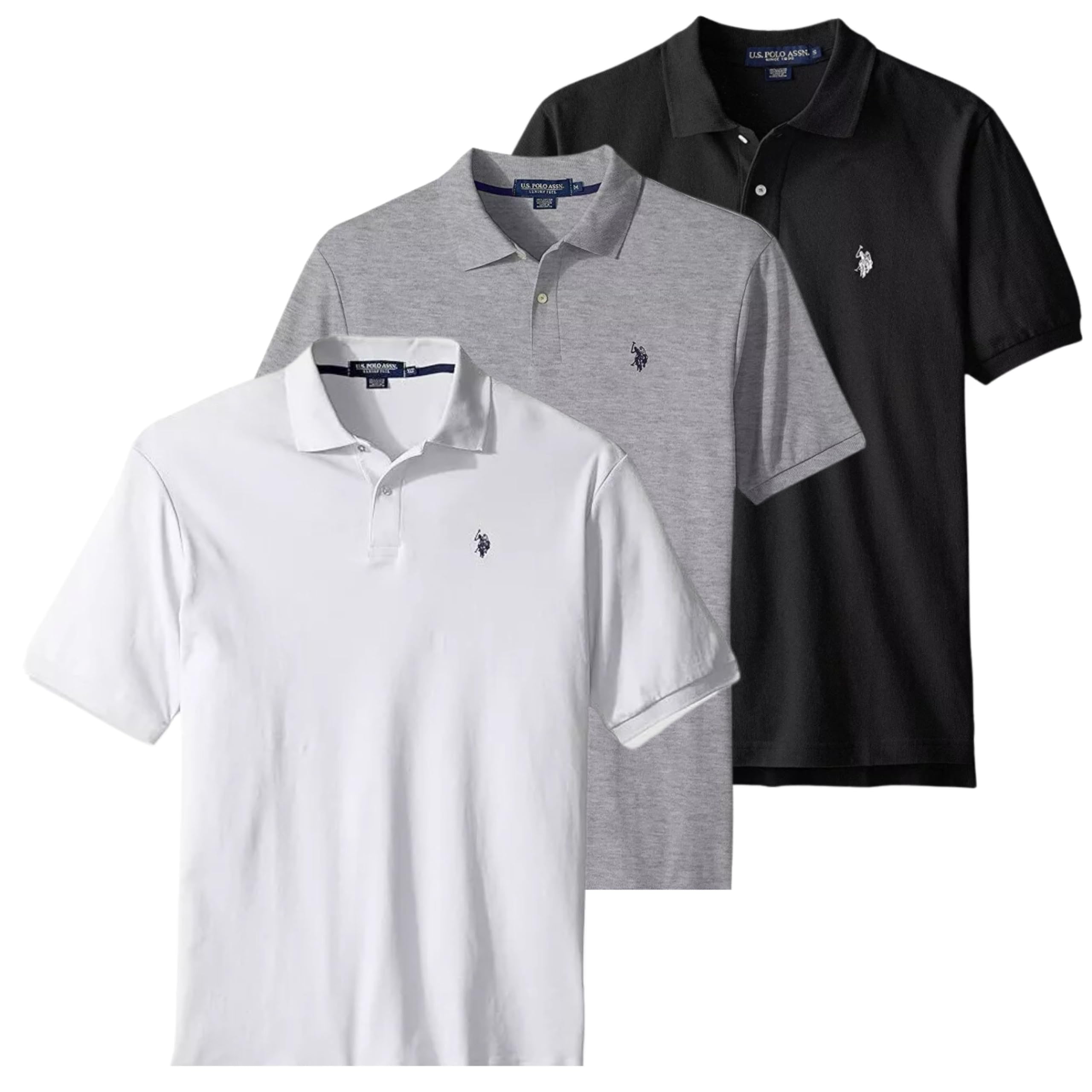 Photo 1 of U.S. Polo Assn. 3 Pack Men's Classic Fit Short Sleeve Pique Polo T Shirt, Cotton Golf Shirt for Men, HGry/Wht/Blk, M