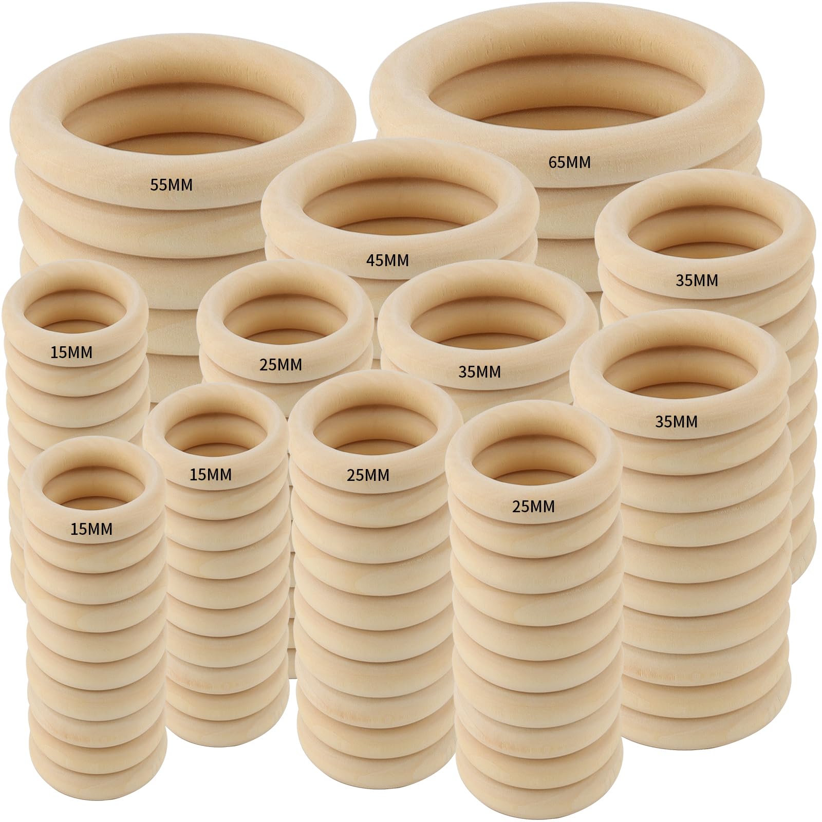 ZEONHEI 120 PCS 6 Sizes Natural Wood Rings, Unfinished Wood Ring Wooden Loop Rings, Round Wooden Craft Rings for Jewelry Making DIY Macrame Accessory Ring Pendant Connectors