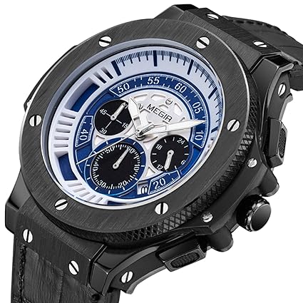 MEGIR Men Wrist Watch Waterproof Chronograph Military Quartz Analog Outdoor Sport Leather with Luminous Hands
