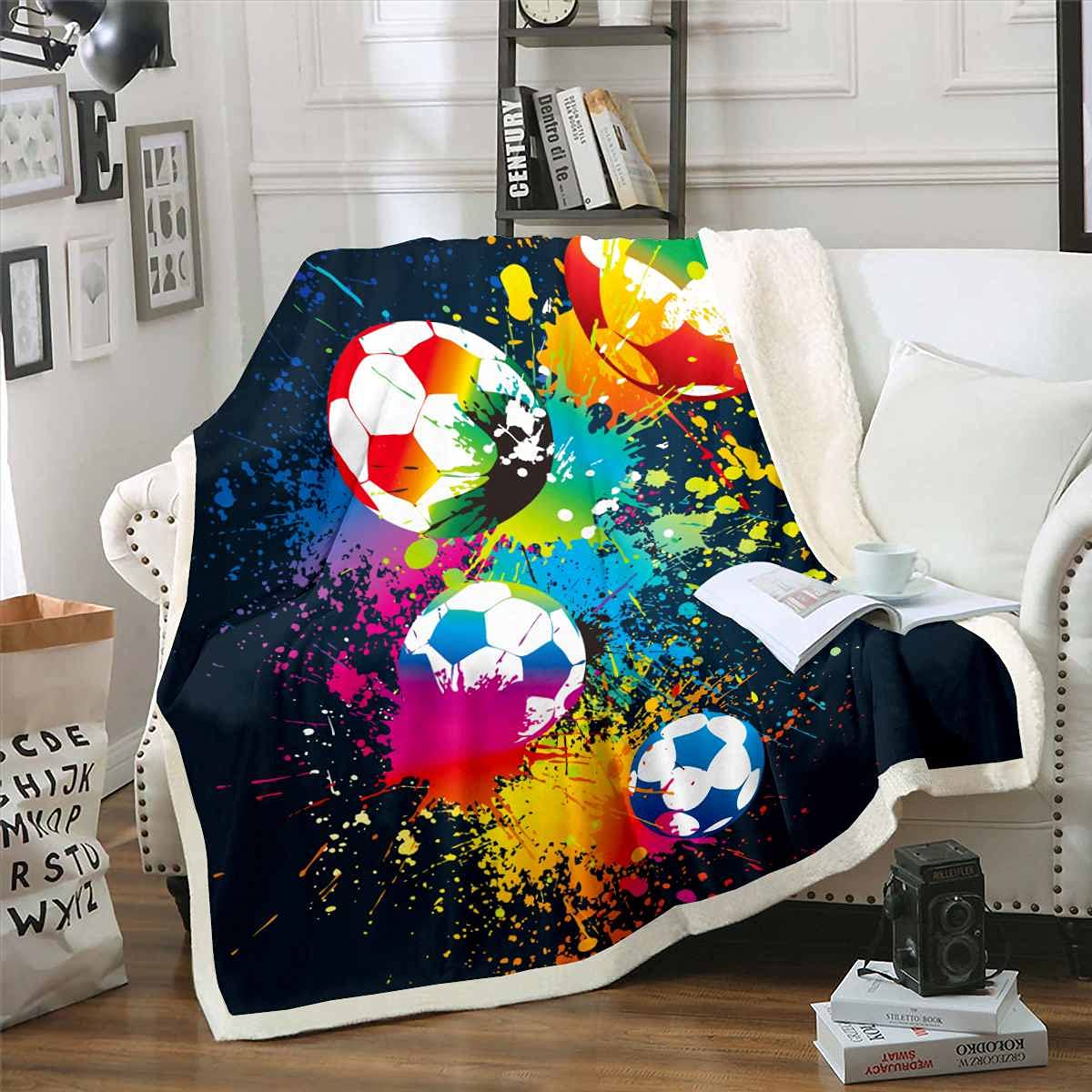 Sport Fleece Throw Blanket for Girls Boys Children Kids Football Sherpa Blanket Sports Theme Games Plush Blanket Bright Vibrant Soccer Ball Pattern Fuzzy Blanket for Sofa Bed, Baby 30x40 Inch