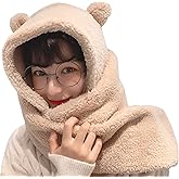 Women Kawaii Bear Ear Beanie Hat Scarf 2 in 1, Cute Winter Warm Sherpa Thicken Fleece Fuzzy Japanese Fluffy Knit Hat