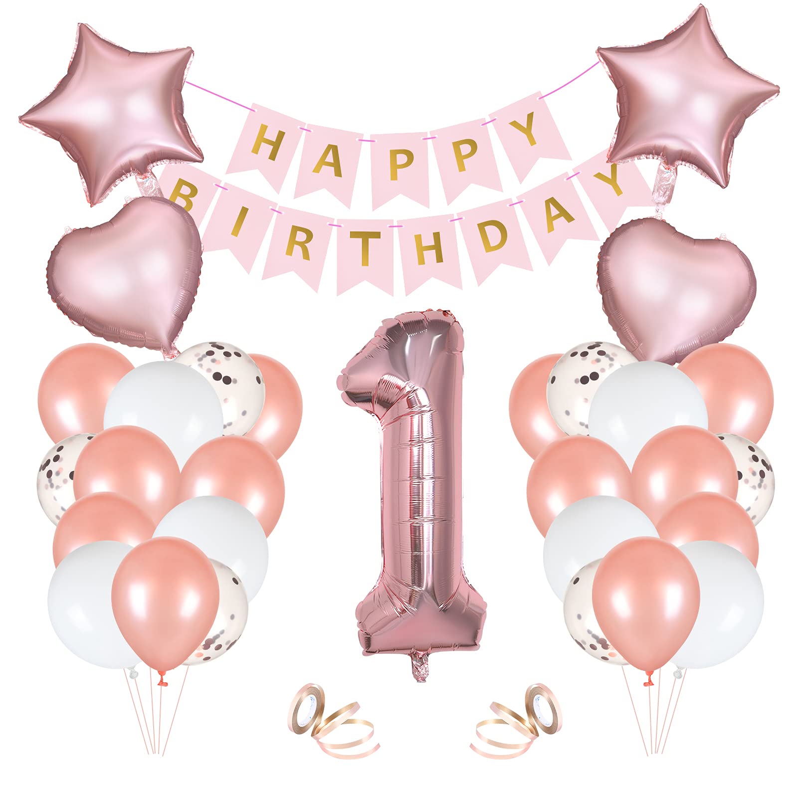 Vicloon 1st Birthday Party Decoration，Happy Birthday Banner Rose Gold Decoration Pack Boys Girls, Number 1 Balloon Latex and Foil Balloons for Anniversary Wedding