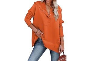 AlvaQ Women Casual Button V Neck Hoodies Oversized Pullover Sweatshirt Hooded Tops with Pockets
