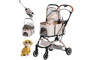 Dec-Mec Pet Stroller, 4 Wheels Folding Stroller for Small/Medium Cats Dogs up to 35lbs, Zipperless Entry, Detachble Portable Pet Bag with Storage Basket (Beige)