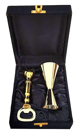 Akanksha Arts Set of Alluring Brass Bottle Opener and Brass Peg Measure, Jigger in a Velvet Box, Peg Measure Cup, 30 ml/60 ml, Both Made of EPNS with Silver/Gold Shading