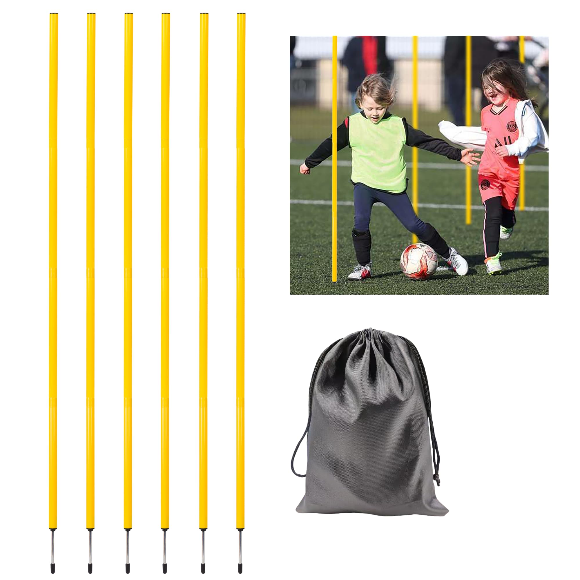 6 Pcs 5FT Adjustable Agility Training Poles for Soccer,Basketball,Football,Dog,Horse Training-Speed and Agility Training Equipment Sports Training Sticks with Stainless Steel Ground Nails