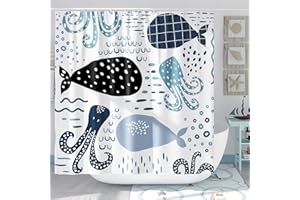 DESIHOM Blue Whale Shower Curtain Set Cool Funny Ocean Cartoon Shower Curtains for Bathroom Cute Kids Bathroom Decor Polyester Fabric-72" x 72"