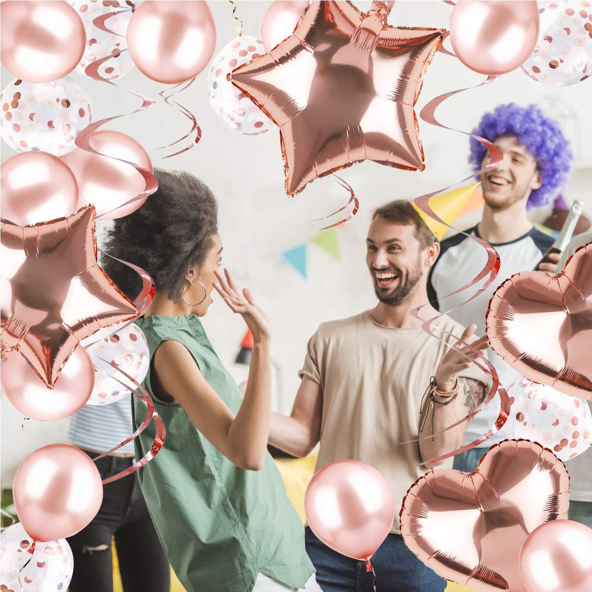 Rose Gold Party Decorations - Rose Gold Birthday Decorations Set: Rose Gold Confetti Balloons, Tinsel Foil Fringe Curtains, Rose Gold Heart and Star Shaped 18\