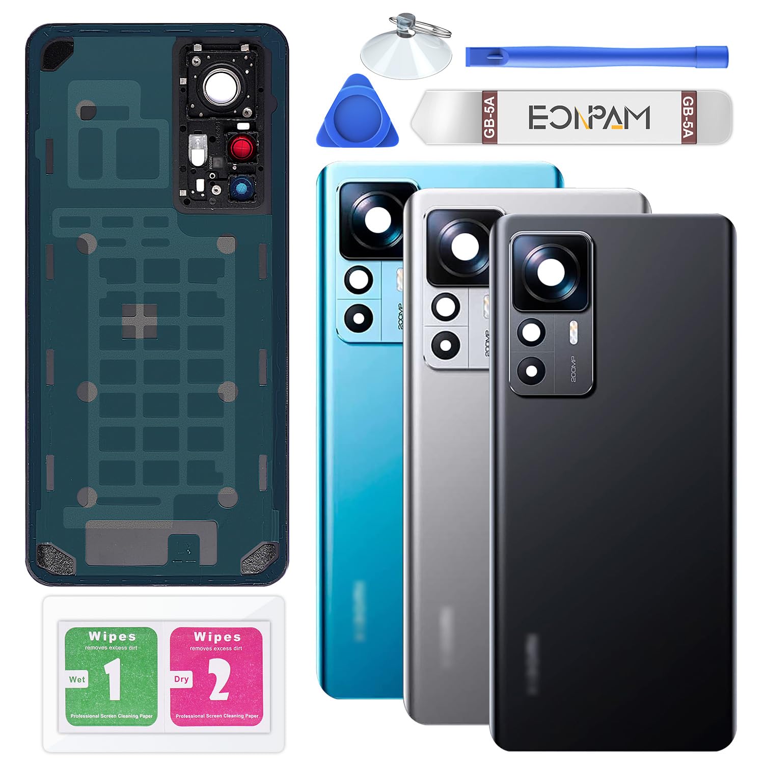 Eonpam Back Cover Glass for Xiaomi 12T Pro Rear Glass Replacement with Camera Lens + Repair Kit Genuine Rear Housing (Black)