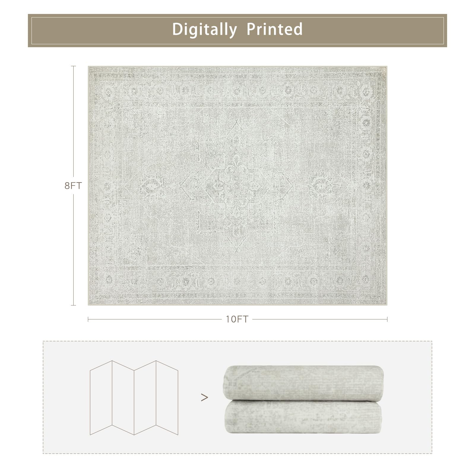 Srugn Washable Rugs 8x10 Area Rugs for Living Room,Bedroom,Dining Room- Large Ultra Soft Faux Wool Retro Carpets,Non Slip&Non-Shedding Low Pile Vintage Carpet for Home Office,Concrete Grey