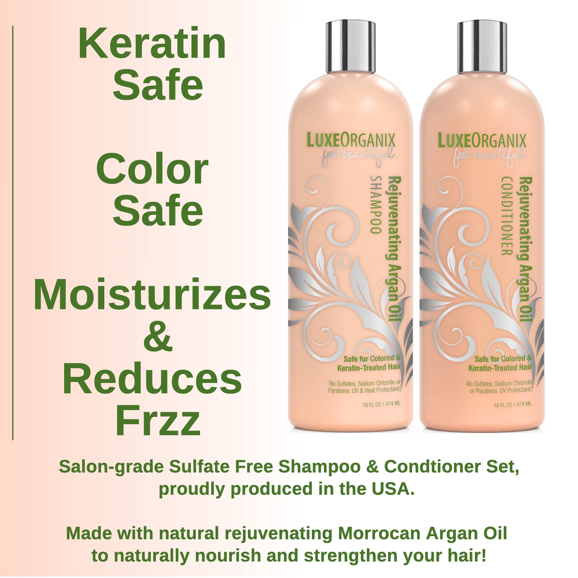 LuxeOrganix Moroccan Argan Oil Shampoo and Conditioner Set - Sulfate & Paraben Free - Smooths, Moisturizes - Safe For Keratin & Color Treated Hair - Best for Dry, Damaged, & Curly Hair (16oz Set)