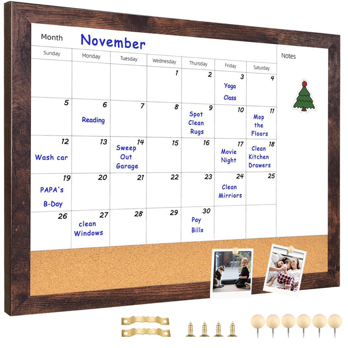 Umtiti Monthly Calendar Dry Erase White Board & Cork Bulletin Board，13" x 17" Brown Wood Frame，Magnetic Surface Whiteboard.Perfect for Organizing Your Space.Whiteboard+Cork-3343B-BN