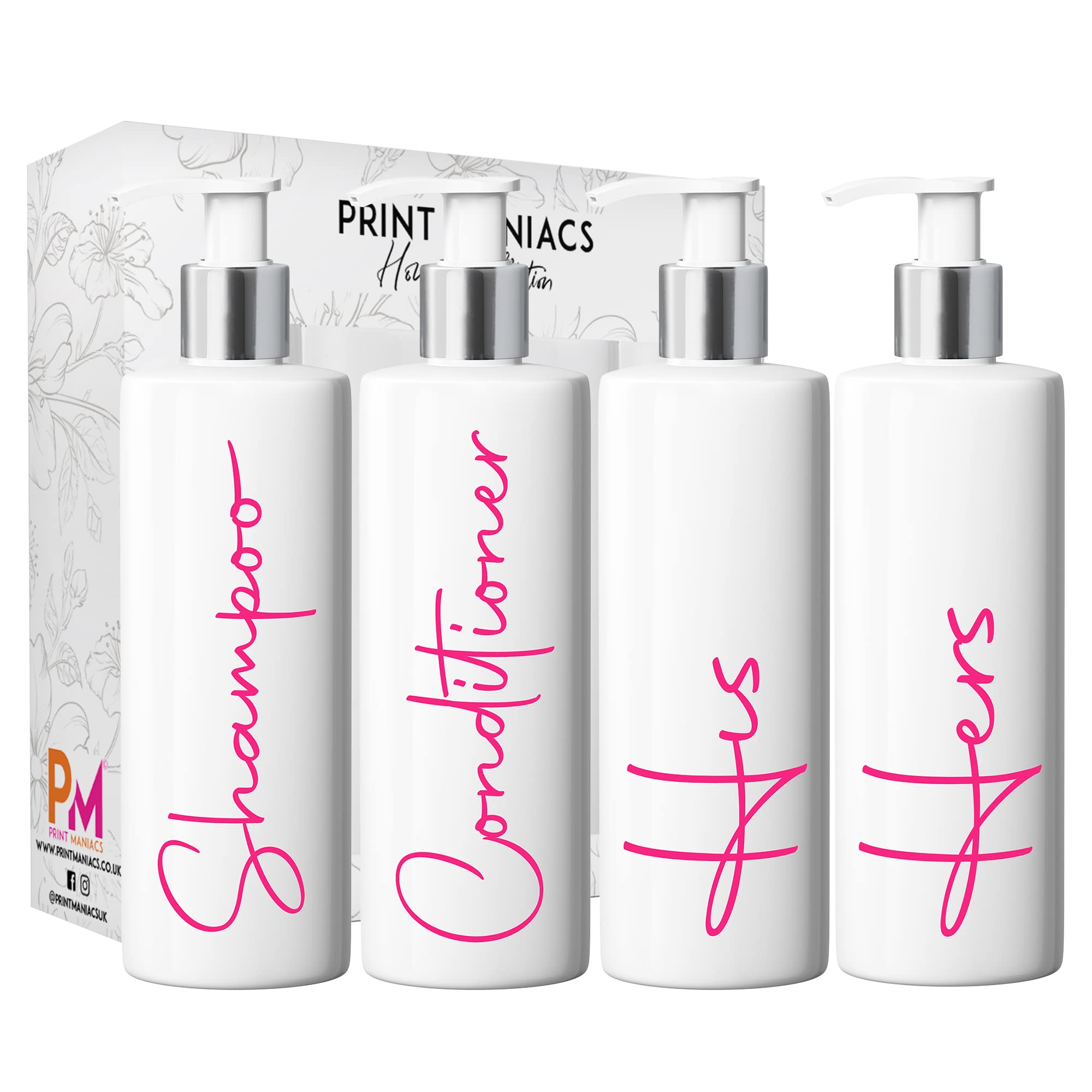 Print Maniacs White Mrs Hinch Inspired Personalised 500ml Pump Bottles Bathroom Lotion Kitchen Set Shampoo Conditioner (Set 4 His Her, F2 ) (Pink)