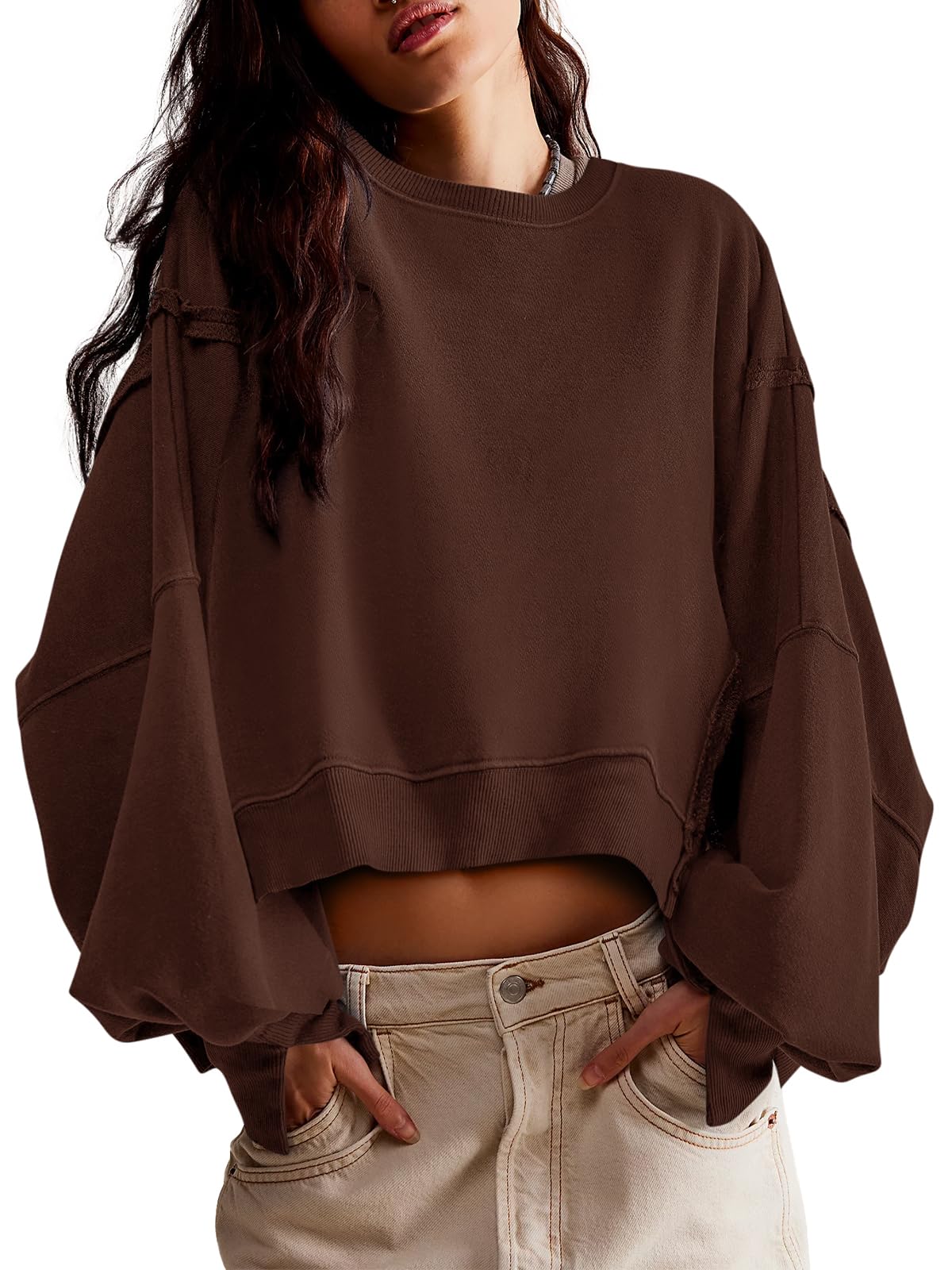 Photo 1 of ***SIMILAR NOT EXACT**Zwurew Womens 2024 Crop Sweatshirts Crewneck Long Sleeve Tops Ribbing Cuffs Sleeve Shirt Coffee XL
