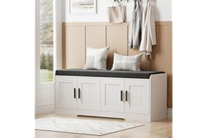 Homleke 2-Tier Storage Bench, Shoe Bench with Thickened Padded Seat Cushion, Entryway Bench with 4 Doors, Adjustable Shelf, 13.8" D x 45.3" W x 18.5" H, for Entryway, Living Room, Bedroom, White