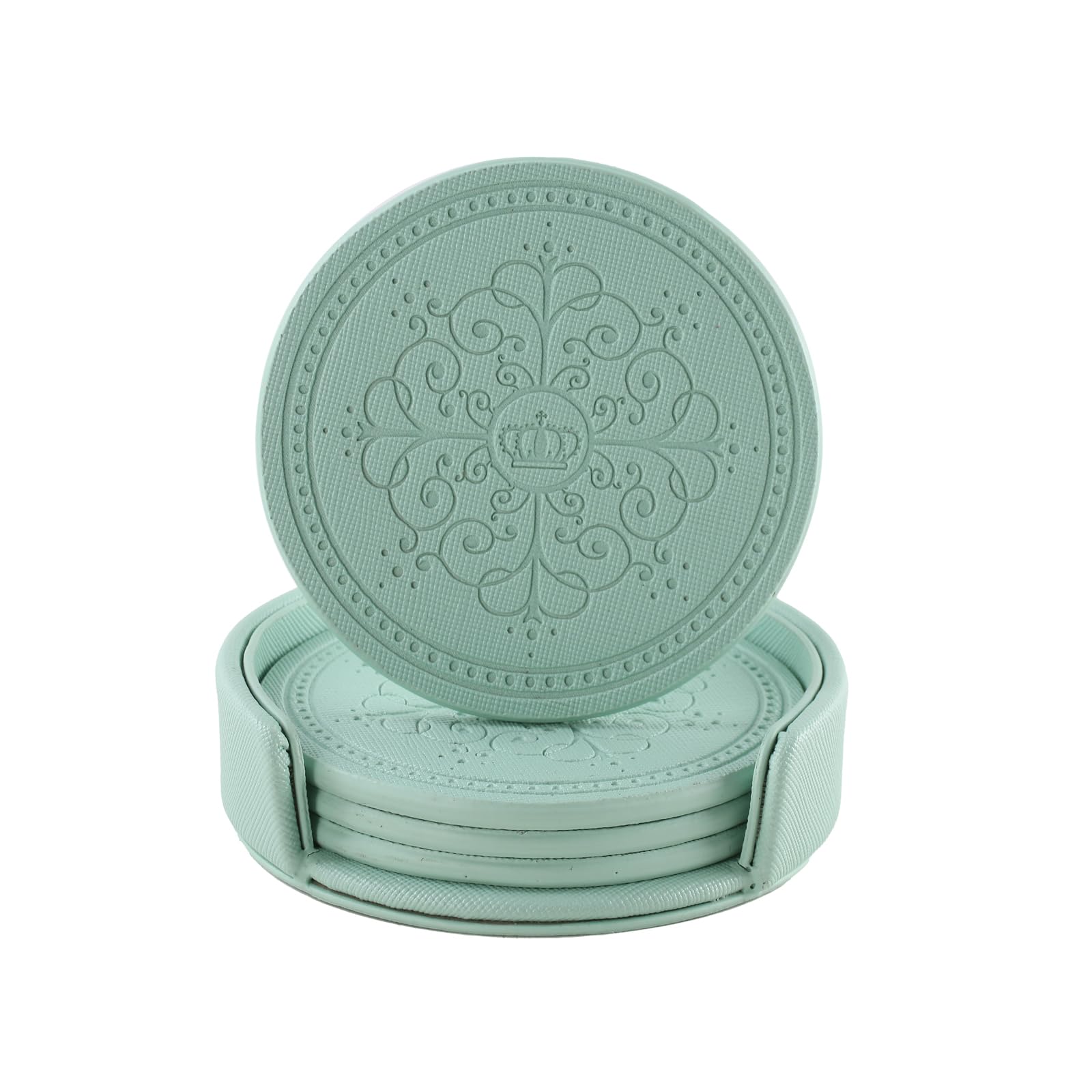 LISRSC Coasters Set of 4 - PU Leather Mat with Holder - Green Round Coasters for Drinks - Coffee Table Pads Set Gifts for Home,Bars,Cafes,Party,Office Decor