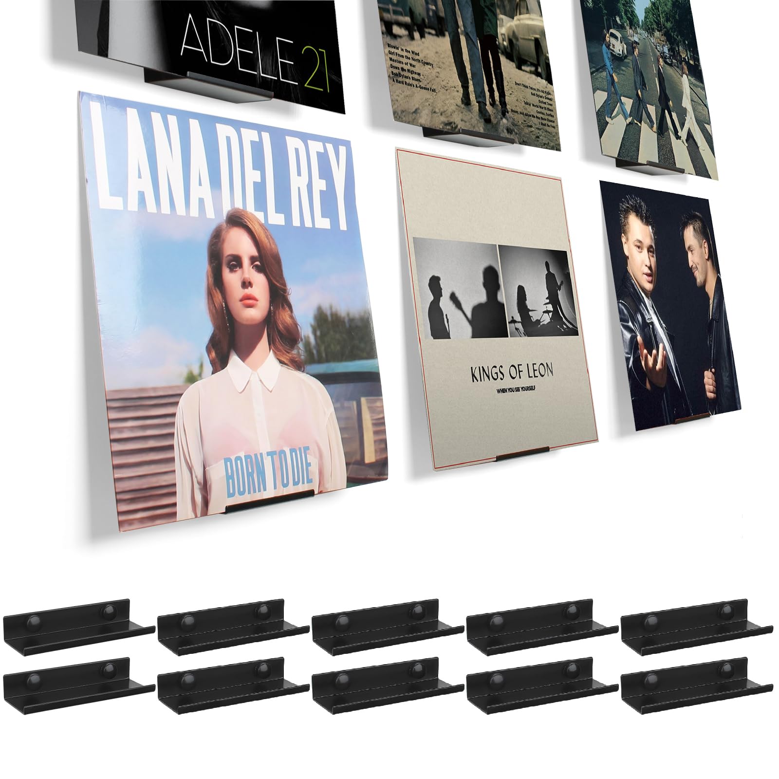 BiJun Vinyl Wall Mount, 10 Pack Black Metal Vinyl Shelves Holder Display Shelf Record Wall Mount Stand for Albums LP Minimalist Record Storage Set for CD Display in Office Home (Wall Black10)