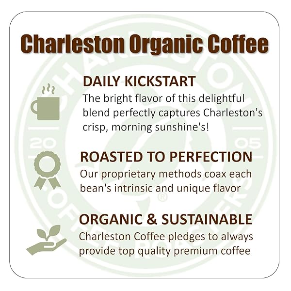 CHARLESTON COFFEE ROASTERS | SPECIALTY ORGANIC GROUND COFFEE | HAND PICKED, PREMIUM SLOW ROAST (CHARLESTON ORGANIC, MEDIUM ROAST) 12OZ