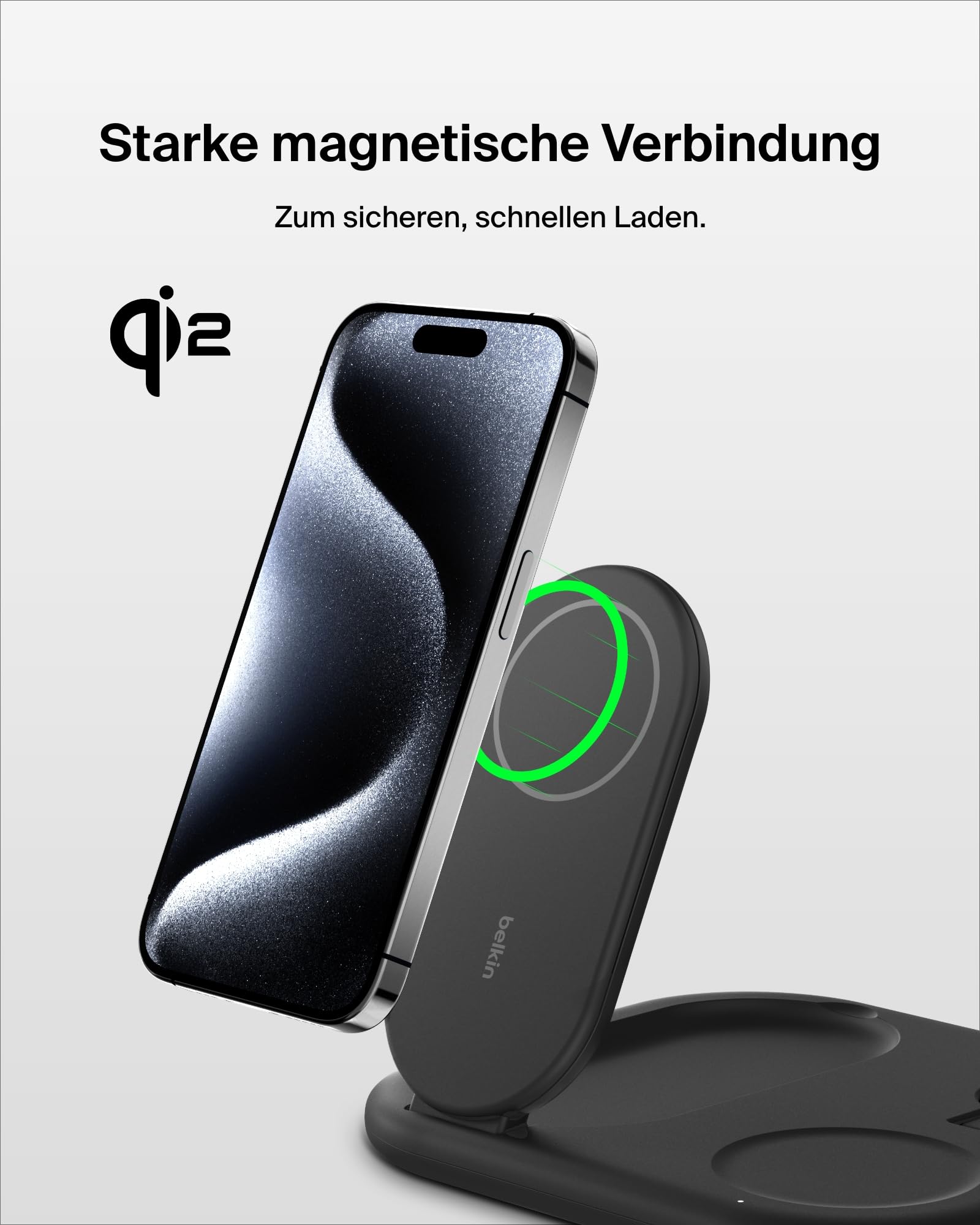 Belkin BoostCharge Ladegerät induktive 3-in-1 Ladestation Qi2, 15 W, klappbar MagSafe-kompatibles Ständer für Apple iPhone 17, Air, Pixelsnap, Apple Watch, AirPods, mit Netzteil – Schwarz 5