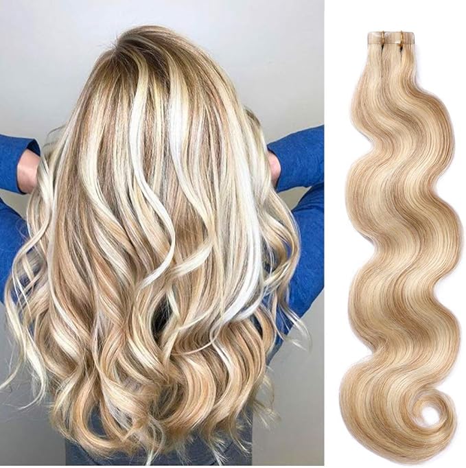 22" Body Wavy Tape in Hair Extensions Human Hair Golden Brown to Blonde