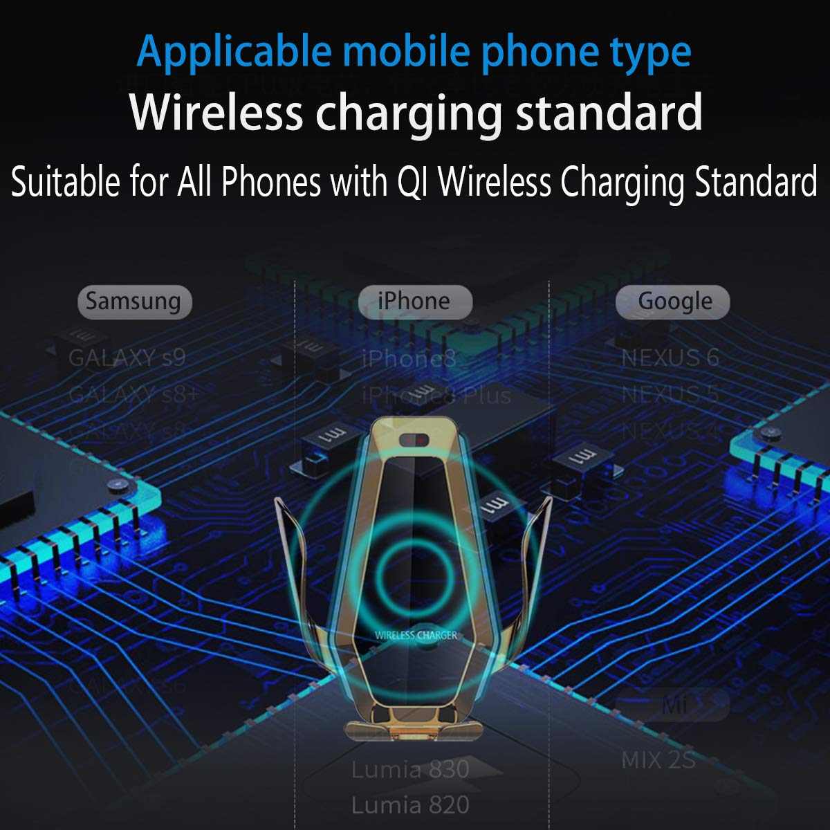 EZNILE Wireless Car Charger Mount Auto-Clamp Free Rotation Windshield Dash Air Vent Phone Holder 10W Qi Fast Charging Compatible with iPhone11/Xs MAX/XS/XR/X/8Plus/8,Samsung S6/S7/S8/S9 Edge+ (silver)