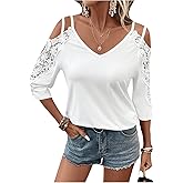 MakeMeChic Women's Guipure Lace V Neck Tee Shirts Cut Out Cold Shoulder 3/4 Sleeve Tops