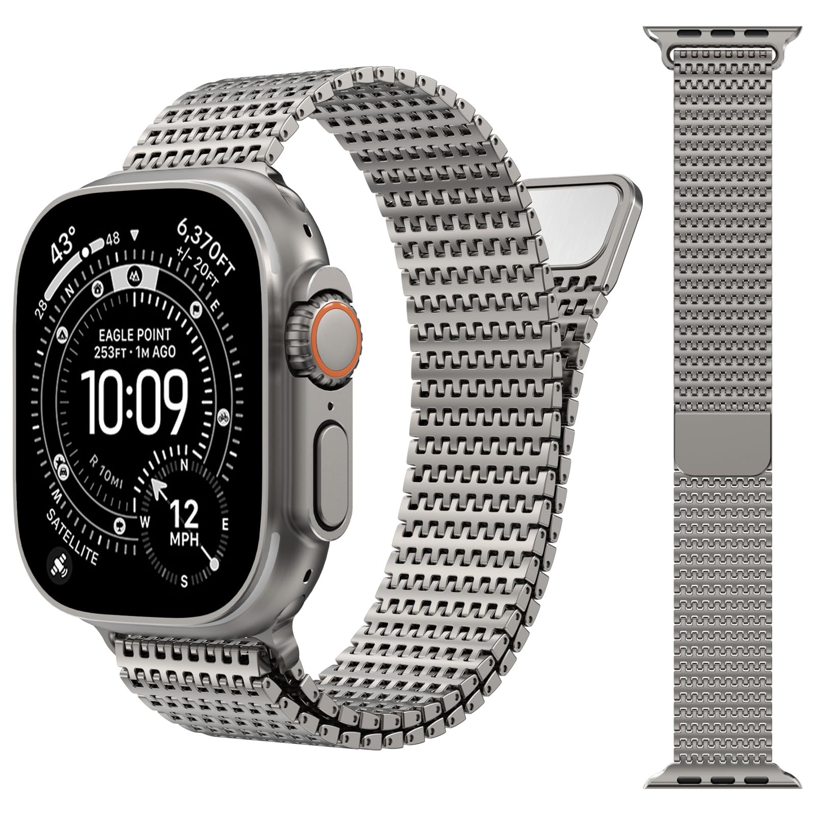 Fullife Milanese Loop Stainless Steel Compatible with Apple Watch Straps 49mm 46mm 45mm 44mm 42mm(Series 3 2 1),Metal Magnetic Strap for iWatch Ultra2/Ultra,Series 10 9 8 7 6 SE 5 4 3 2 1,Titanium