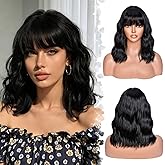 SweeceHair Black Bob Wig With Bangs Wave Wigs for Women 14 Inch Short Loose Wavy Heat Resistant Synthetic Wig Shoulder Length Natural Color Hair for Daily and Party Use