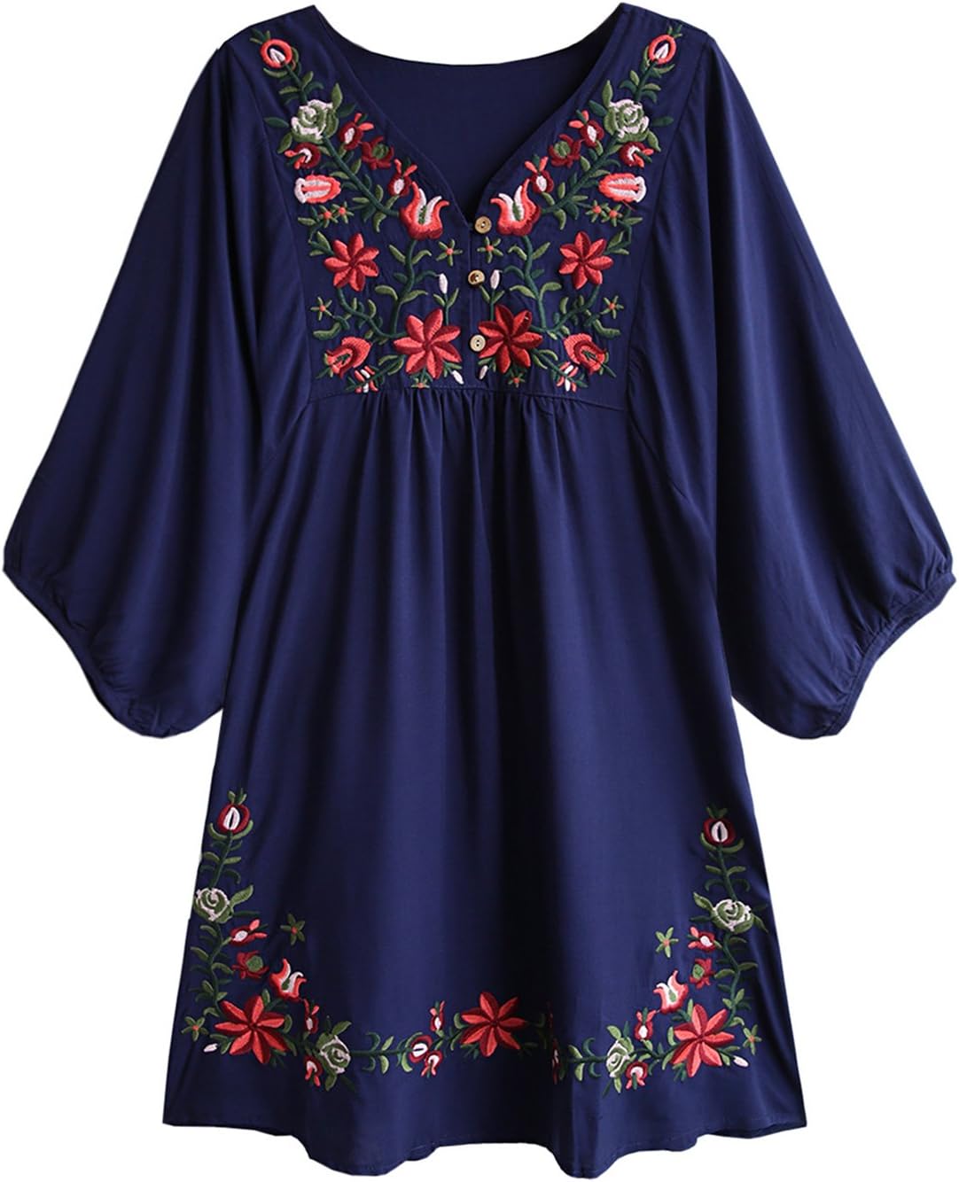 FUTURINO Women's Bohemian Embroidery Floral Tunic Shift Blouse Flowy Mini Dress