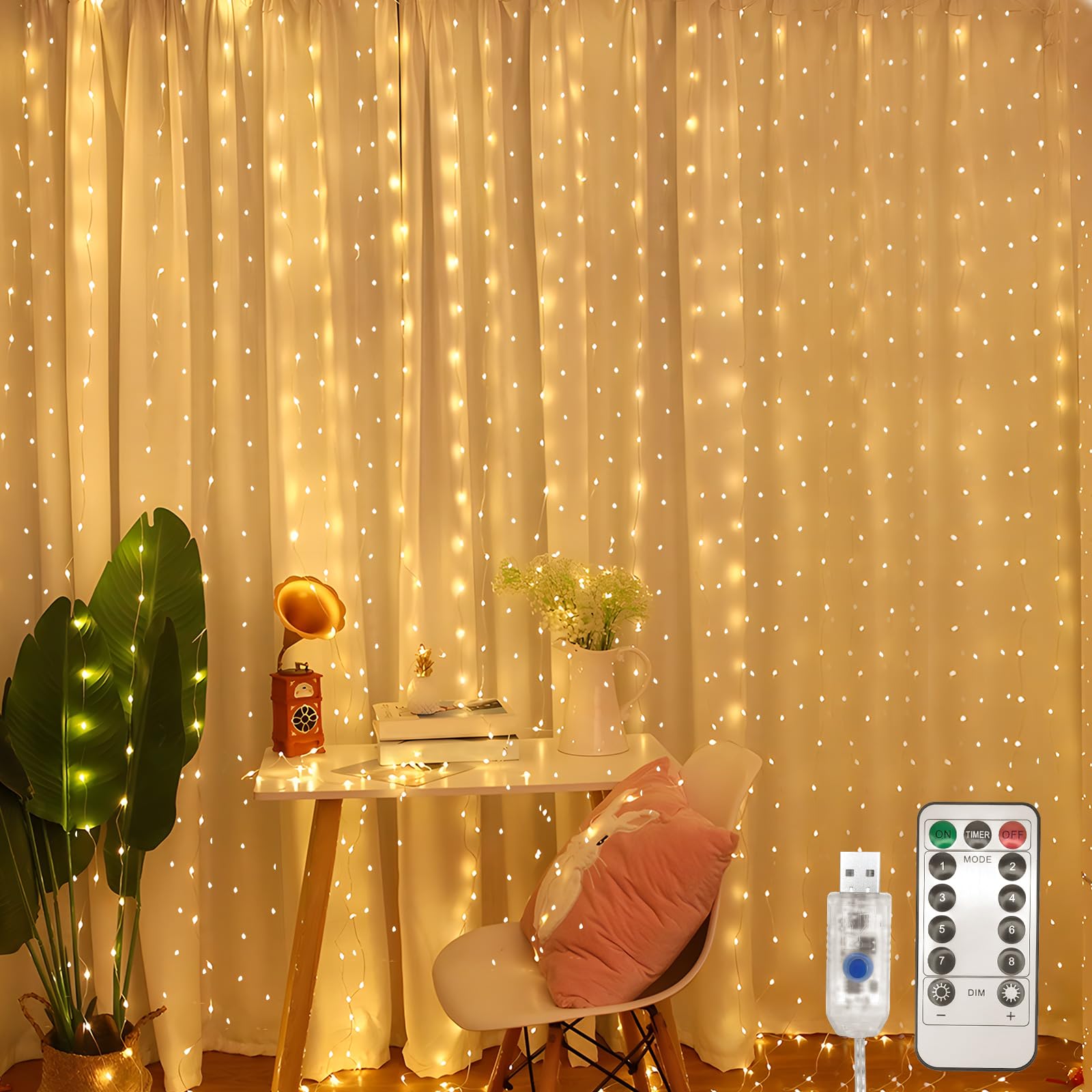 Jsdoin Curtain Fairy Lights, 3.6m x 3m 360leds USB Operated 8 Modes String Light Indoor Waterproof Hanging Window Lights with Hooks for Christmas, Wedding, Party,Wall, Home Decorations (Warm White)