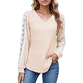 ZITAIMEI Womens V Neck Lace Sheer Long Sleeve Sweaters, Spring Fashion Loose Dressy Fall Pullover Casual Work Tunic Top