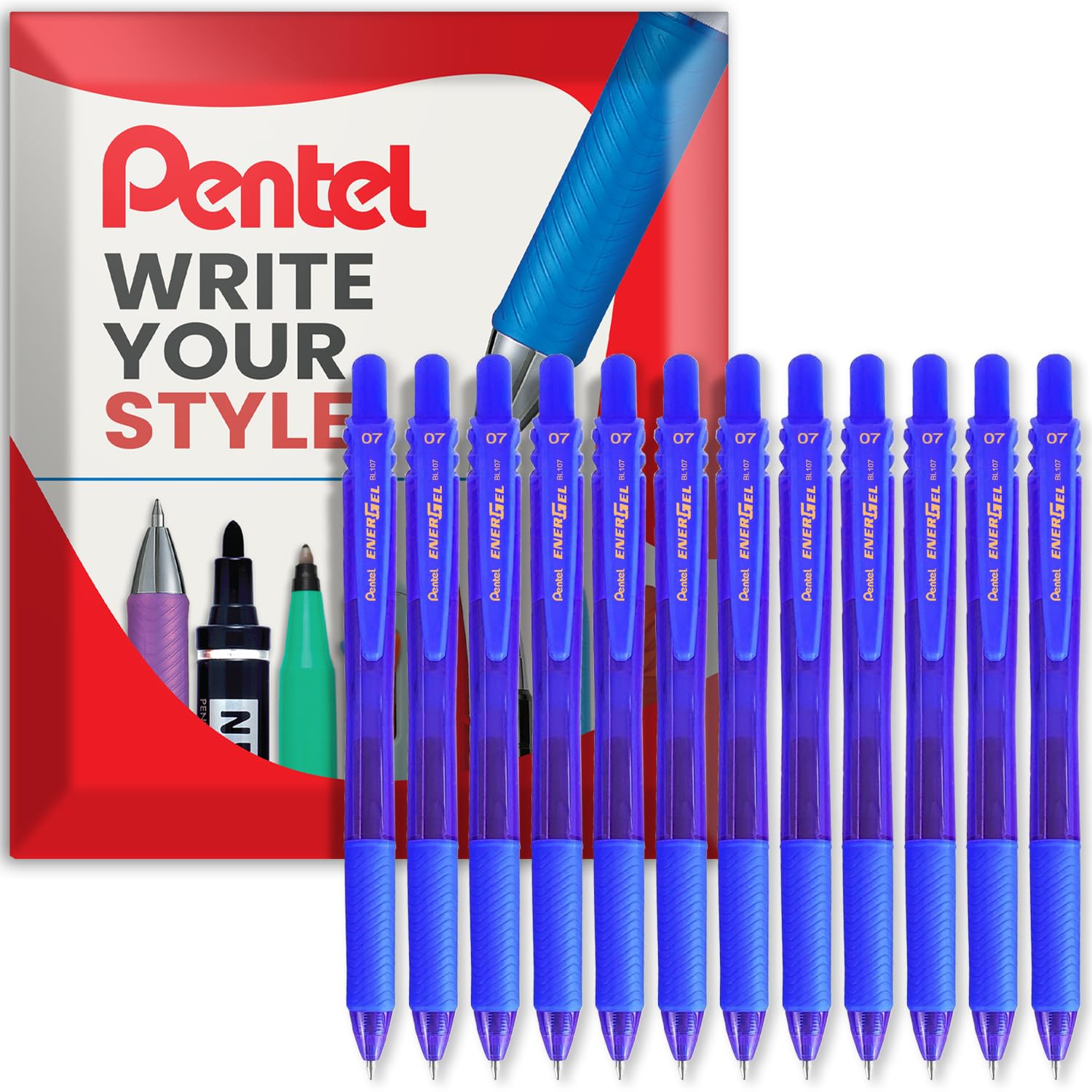 Pentel Energel X BL107 Retractable Gel Rollerball Pens - 0.7mm - Blue - Pack of 12 in Envelope Gift Packaging