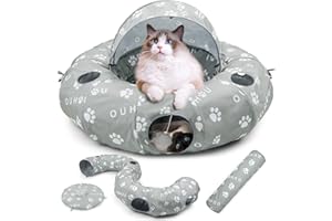 OUHOU Cat Tunnel Bed for Indoor Cats, Donut Tunnel with Mat, Straight Tunnel, 4 Hanging Balls and Blackout Tent, Collapsible Peekaboo Cat Cave