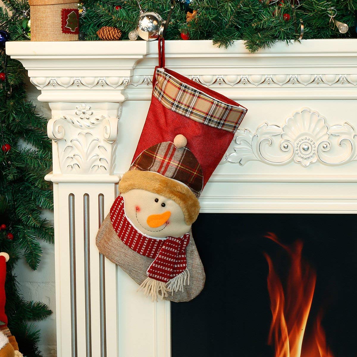 Christmas Stocking 3D Snowman Holiday Week Christmas Day Gift Plush Classic Traditional Plaid Adorable Cute Holiday Decoration Ornament Decorate Your Home for Party Office Xmas Tree 18 inch