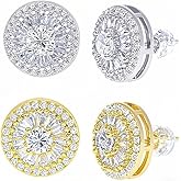 LuReen Earring Studs for Men Women - 18K Gold Plated Cubic Zirconia Stud Earrings Set, Iced Out CZ Studs, Simulated Diamond Halo Earrings (2 Pairs)