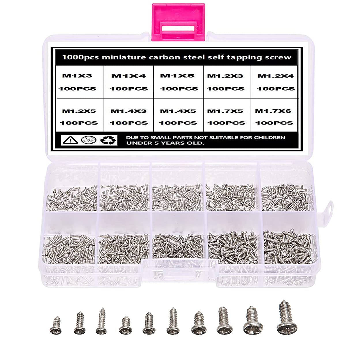 TAIANJI 1000 Pcs Micro Screws Set M1 M1.2 M1.4 M1.7 Screws Mini Round Philips Head Screws Kit Small Self Tapping Screws for Glasses, Watches, Phones, Cameras, Laptops etc(Silver, 10 Sizes)