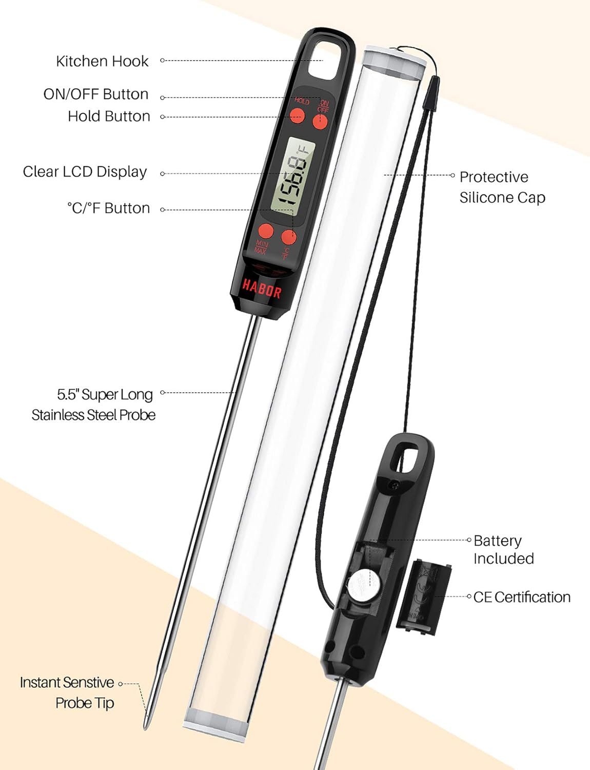 Habor Meat Digital Cooking Thermometer, Instant Read Kitchen, 5.5'' Long Probe, Hanging Hole, ºF/ºC, Auto-Off for Food, BBQ, Water, Sugar, Milk, Yogurt, Turkey, Grill, Wine, Black: Kitchen & Dining