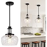 Modern Pendant Lights Kitchen Island, Matte Black Pendant Light Fixtures with 10" Clear Hammered Glass Shade, Industrial Hang